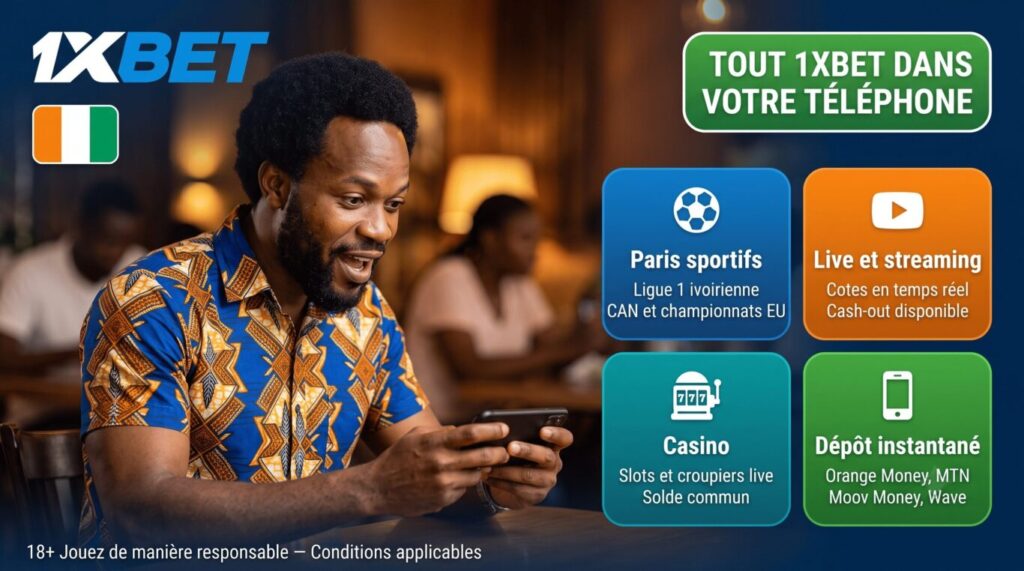 Application 1xBet Côte d'Ivoire : paris sportifs Ligue 1 ivoirienne, live streaming et casino
