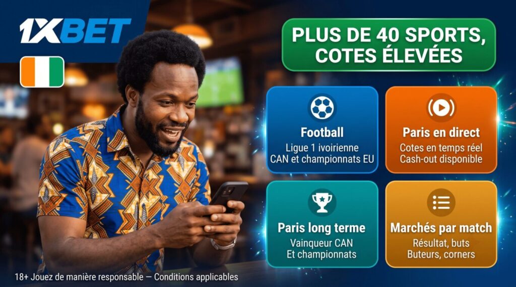 Paris sportifs 1xBet Côte d'Ivoire : Ligue 1 ivoirienne, CAN, cotes au-dessus de la moyenne