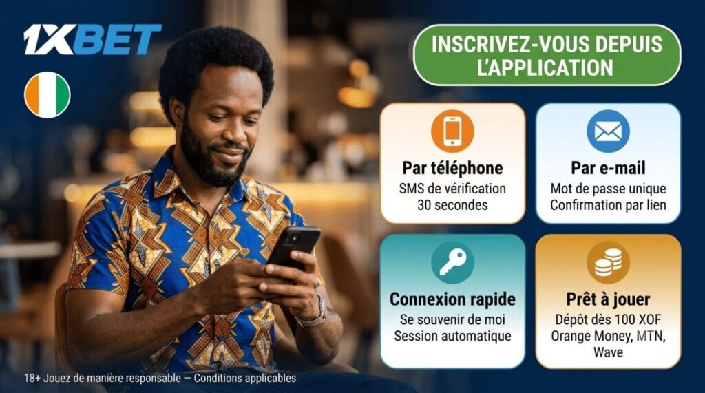 Inscription 1xBet Android Côte d'Ivoire : par téléphone ou e-mail, compte prêt en 30 secondes